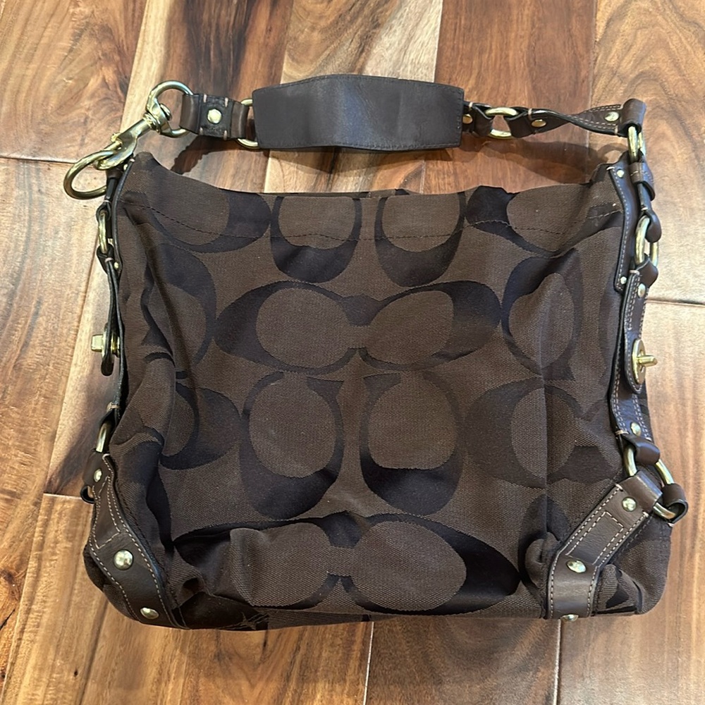 Coach Carly Brown Canvas Leather Trim Turnlock Zipper Closure Hobo Shoulder Bag